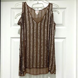 Parker 100% silk embroidered brown cut off top blouse outgoing Sz S